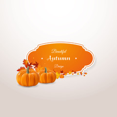 Wall Mural - Vector set of colorful autumn leaves with label design and photorealisit pumpkin vector illustration. Isolated vector emblem design with fall leaves.
