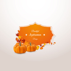 Wall Mural - Vector set of colorful autumn leaves with label design and photorealisit pumpkin vector illustration. Isolated vector emblem design with fall leaves.
