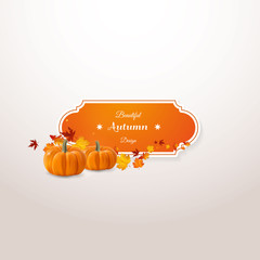 Wall Mural - Vector set of colorful autumn leaves with label design and photorealisit pumpkin vector illustration. Isolated vector emblem design with fall leaves.

