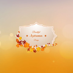 Wall Mural - Vector set of colorful autumn leaves with label design. Autumn vector design and bokeh background.

