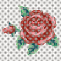 Embroidery, Vintage cross stitch Rose and flower bouquet, antiqu