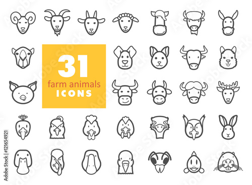 Farm animals outline icons set. Vector head Poster Mural XXL
