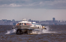 Meteor Jet Boat Traveling By The Surface Of Baltic Sea Bay Of Saint Petersburg.