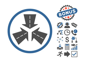 Sticker - Merge Directions icon with bonus pictures. Vector illustration style is flat iconic bicolor symbols, cobalt and gray colors, white background.