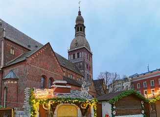 Sticker - Stalls at Christmas market near Dome Cathedral in Riga