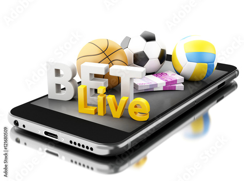 Fotografía 3d Smartphone with sport balls, money and bet live. Betting conc
