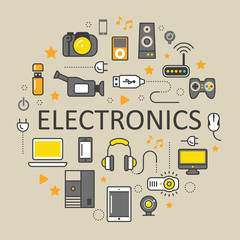 Poster - Electronics Technology Line Art Thin Vector Icons Set with Computer and Gadgets