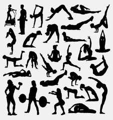 Wall Mural - Fitness, gymnastic, pilates sport silhouette. Male and female training activity. Good use for symbol, logo, web icon, mascot, sign, design, sticker, or any design you want. 