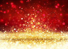 Christmas Background - Golden Glitter On Shiny Red
