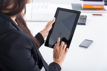 Poster - Business lady working with laptop. Close up