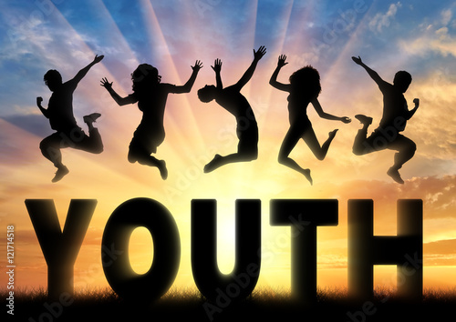 Valokuva Silhouette people jumping over the word youth