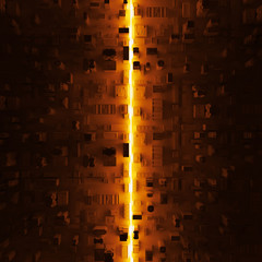 Poster - Abstract 3d rendering background. City block with bright line that cross it. Glowing 3d shape  in the center of computer generated city. Concept illustration.
