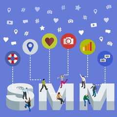 Poster - Social media marketing 3d isometric concept. Isometric People. Social media web banner. Flat social icons. SMM vector illustration.