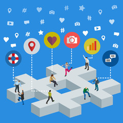 Poster - Social media marketing 3d isometric concept. Social media web banner. Isometric people on by #. Flat social icons. SMM vector illustration.