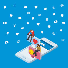 Fototapete - Social media marketing 3d isometric concept. 3d smartphone. Isometric People sit on the dialog box. Online dating and chat. Flat social icons. Exchange messages. Community & Flirt vector illustration.