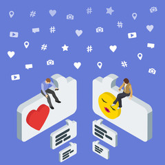 Poster - Social media marketing 3d isometric concept. Online dating and chat. Isometric People sit on the dialog box. Flat social icons. Exchange messages. Community & Flirt vector illustration.