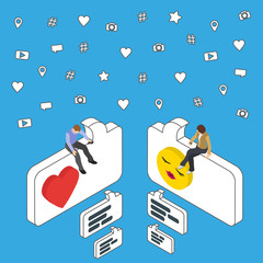 Poster - Online dating and chat. Isometric People sit on the dialog box. Social media marketing 3d isometric concept. Flat social icons. Exchange messages. Community & Flirt vector illustration.