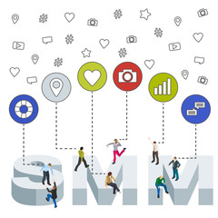 Poster - Social media web banner. Social media marketing 3d isometric concept. Isometric People. Flat social icons. SMM vector illustration.
