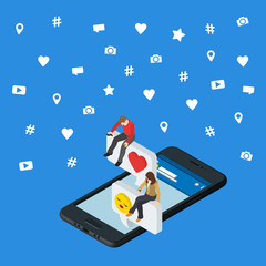 Fototapete - Social media marketing 3d isometric concept. Black 3d smartphone. Isometric People sit on the dialog box. Online dating and chat. Social icons. Exchange messages. Community & Flirt vector illustration