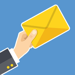 Poster - Hand holding envelope. New email, mail delivery, receive message concepts. White line flat design. Vector illustration