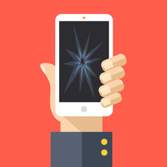 Poster - hand holding smartphone with cracked screen. modern cell phone with broken glass, damaged display. f
