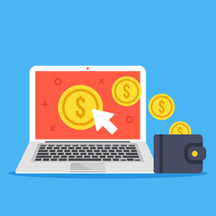 Poster - Pay per click, make money online concepts. Laptop, mouse cursor, gold coins and wallet. Modern flat design graphic elements isolated on blue background. Creative vector illustration