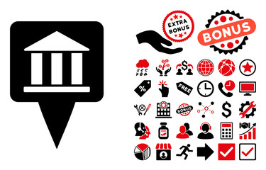 Wall Mural - Bank Building Pointer icon with bonus symbols. Vector illustration style is flat iconic bicolor symbols, intensive red and black colors, white background.