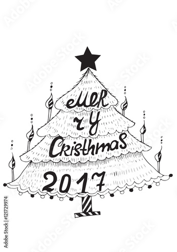 Merry Christmas Sketch Freehand Drawing Black And White Ink
