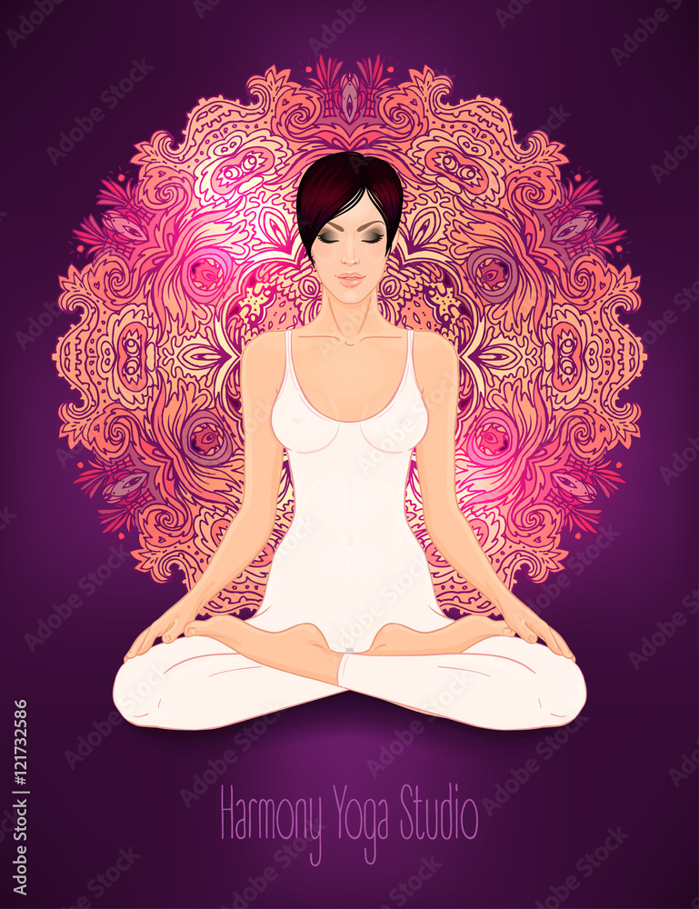 Beautiful Caucasian Brunette Girl sitting in Lotus pose with orn Stock ...