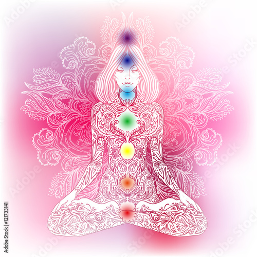 Cuadros en Lienzo Woman ornate silhouette sitting in lotus pose. Meditation, aura
