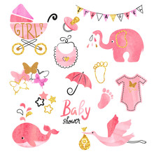 Watercolor Baby Shower Girl Set. Collection Of Vector Design Elements.