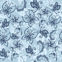  Vector flower pattern. Seamless  texture, detailed flowers and butterflies illustrations.  Floral pattern in doodle style, spring floral background.