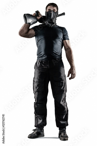 Fotografía Soldier in mask with sniper rifle isolated