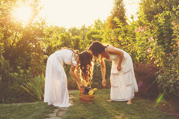 Two sisters gather the harvest