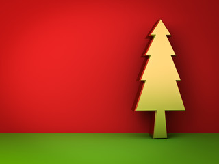 Aufkleber - Gold christmas tree on red and green background with shadow for christmas decoration 3D rendering