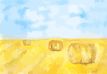 Sticker - watercolor autumn landscape. blue sky with yellow fields and haystacks. beautiful country landscape.