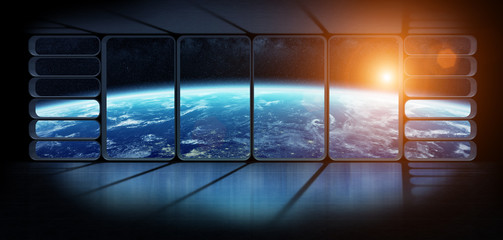 Wall Mural - View of the planet earth from a huge spaceship window 3D renderi