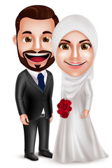 Muslim couple vector characters as bride and groom wearing white wedding dress holding bouquet standing side by side isolated in white background. Vector illustration.
