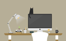 Computer Desk Workplace Concept, Flat Design Vector Illustration
