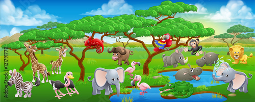 Cute Cartoon Safari Animal Scene Landscape