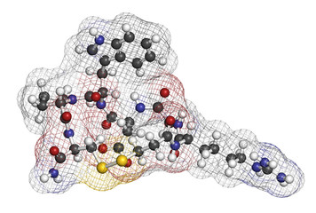 Eptifibatide anticoagulant drug molecule. 3D rendering. 