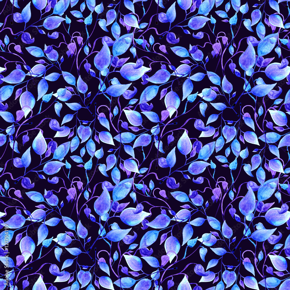 hand painted watercolor blue leaves seamless floral pattern Stock Photo ...