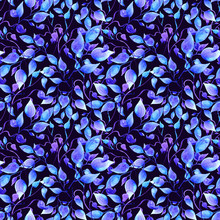 Hand Painted Watercolor Blue Leaves Seamless Floral Pattern