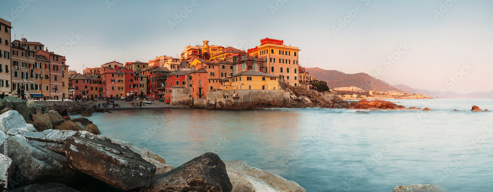 Sunset in Boccadasse bay, Italy, Genoa panorame image - obrazy, fototapety, plakaty 