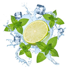 Wall Mural - lime lemon water splash with ice cubes isolated on white background