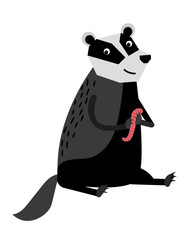 Wall Mural - Big cute badger smiling and holding an earthworm