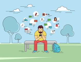 Wall Mural - Young man is usung his smartphone outdoors. Flat outlined illustration of sending a message via chat to someone via chat with social media signs such as email, chat bubbles, blog, news around him