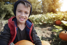 Little Boy In Pumpkin Field