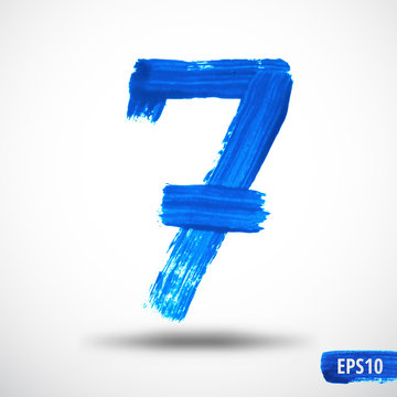 Hand drawn Number 7. Acrylic or watercolor painting blue colored alphabet.