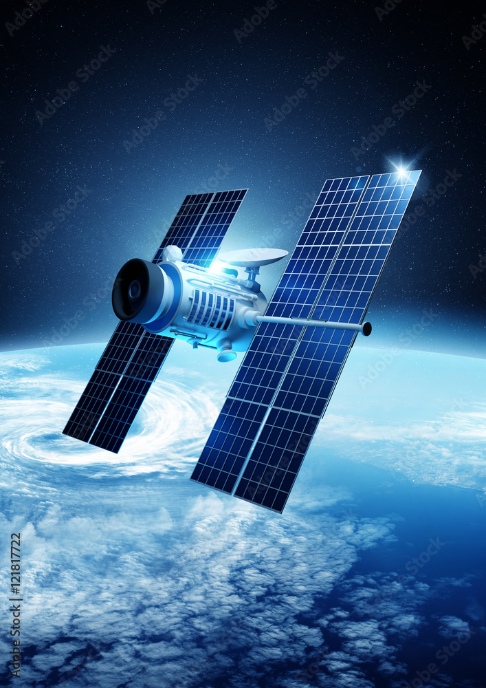 A modern satellite orbiting planet Earth. 3D illustration. - obrazy, fototapety, plakaty 